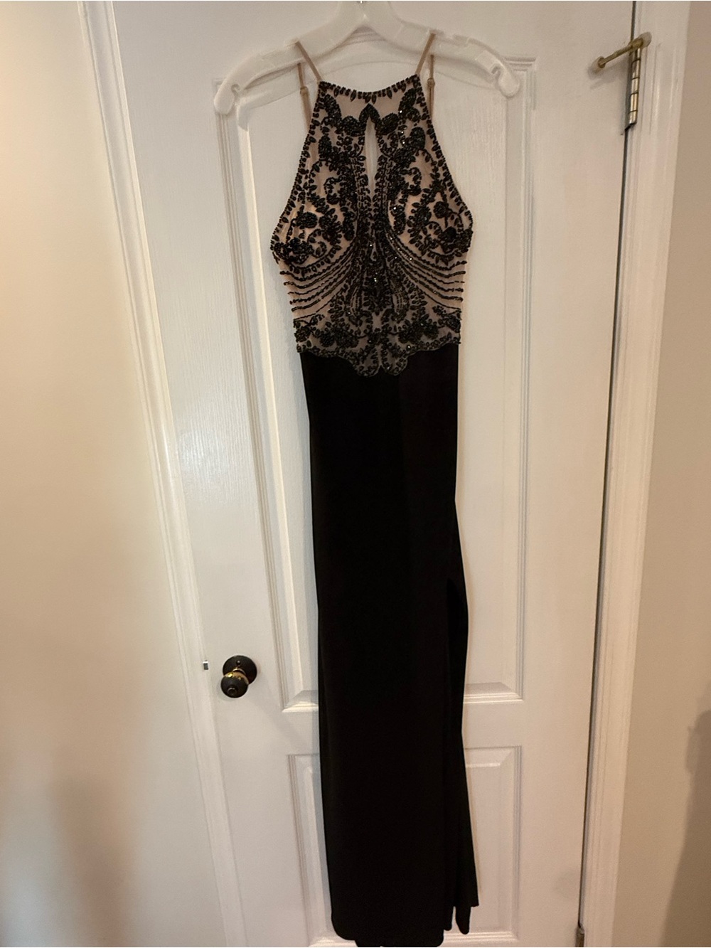 Blondie Nites Black & Nude Beaded Halter Maxi Dress